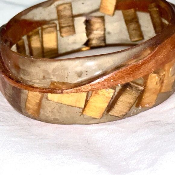 Vintage scalloped wood Dmd resin unique bangle bracelet 3” diameter - Picture 6 of 13